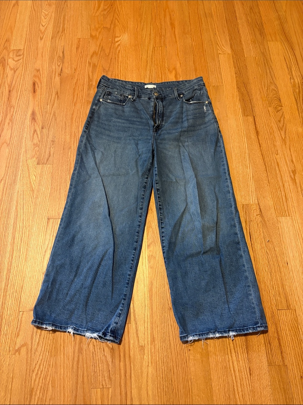 Good American Dark Blue Wide-Leg Raw Hem Jeans